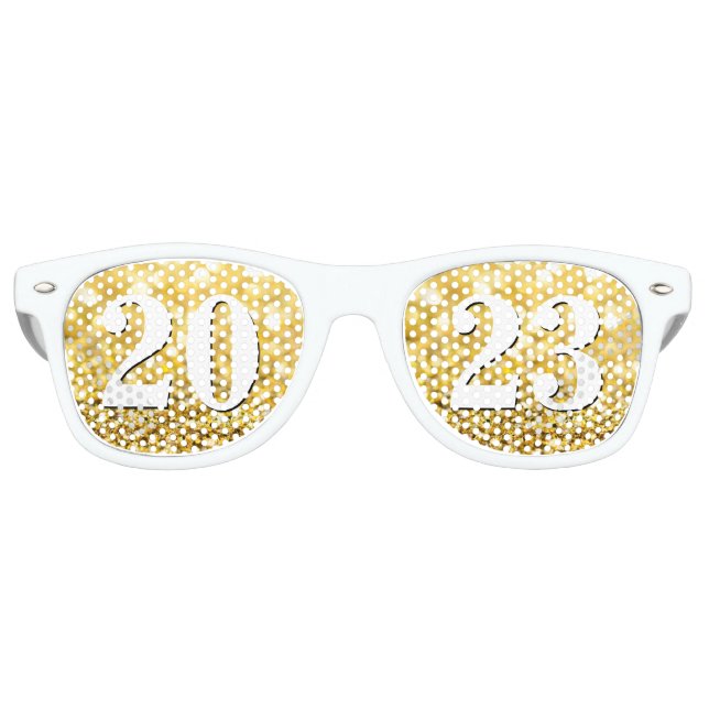 Happy New Year 2023 Gold Glitter Chic White Party Retro Sunglasses (Front)