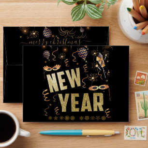 Happy New Year 2023, Holiday Gold Glitter Festive Envelope