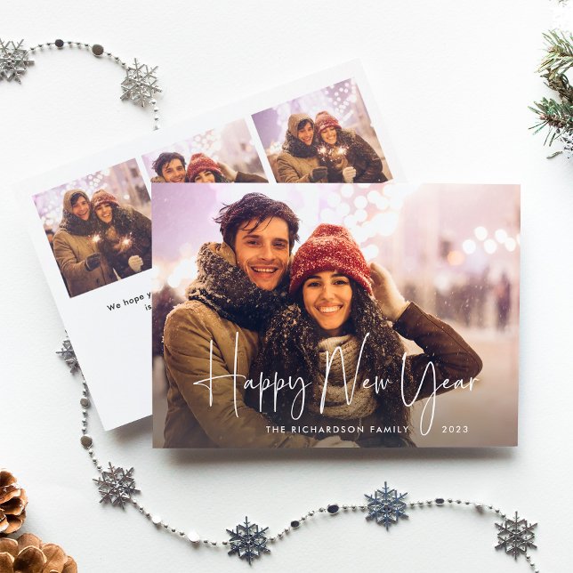 Happy New Year | 2023 Modern Script Multi Photo Holiday Card (Creator Uploaded)
