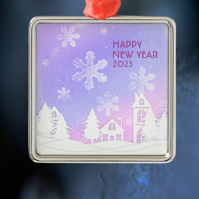 Happy New Year 2023 Purple White Snow House  Metal Tree Decoration (Creator Uploaded)