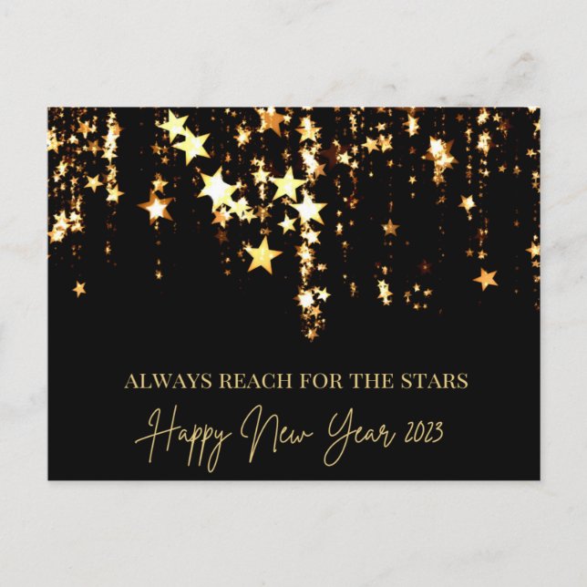 Happy New Year 2023 Reach for the Stars Gold Black Holiday Postcard (Front)