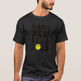 Happy New Year 2023 Retro Groovy Smile Face Curvy  T-Shirt