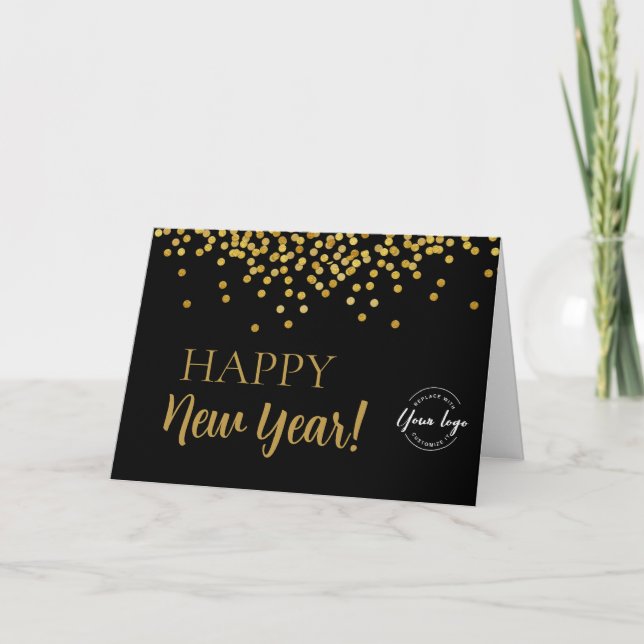 Happy New Year 2024 Black Gold confetti Business Holiday Card (Front)