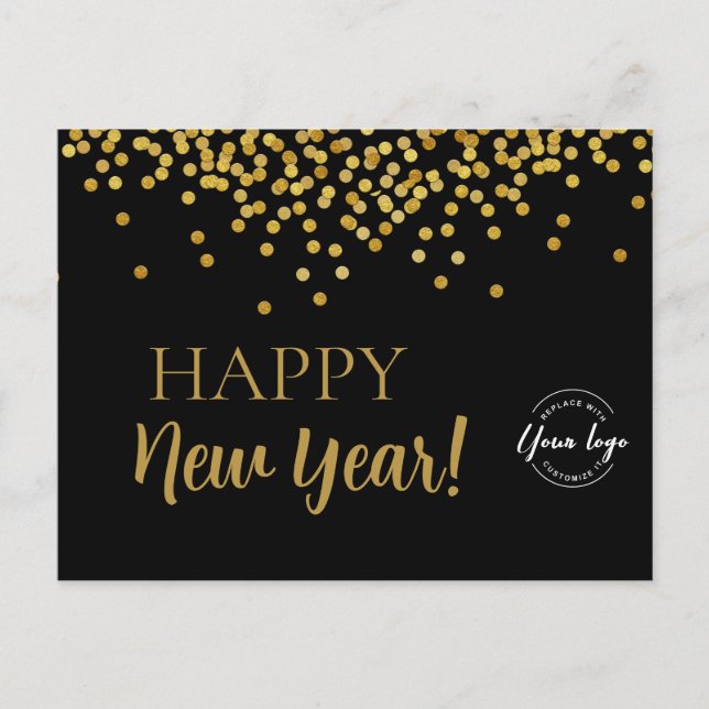 Happy New Year 2024 Black Gold confetti Business Holiday Postcard (Front)