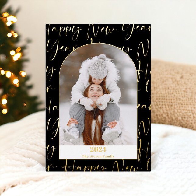 Happy New Year 2024 bold script 4 photos black (Happy New Year 2024 bold script 4 photos black Foil Holiday Card)