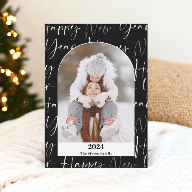 Happy New Year 2024 bold script 4 photos black Holiday Card (Happy New Year 2024 bold script 4 photos black Holiday Card)