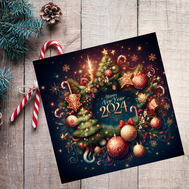 Happy New Year 2024 Christmas Tree Ornaments Stars Holiday Card (Creator Uploaded)