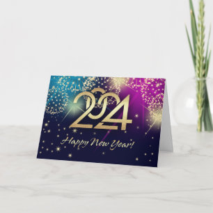 Happy New Year 2024. Colourful Fireworks Holiday Card
