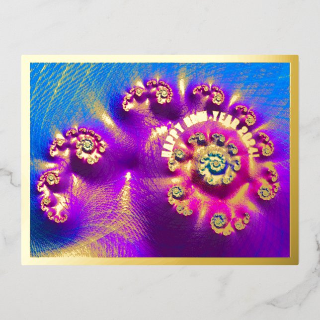 Happy New Year 2024 - Colourful fractal with gold Foil Holiday Postcard (Front)