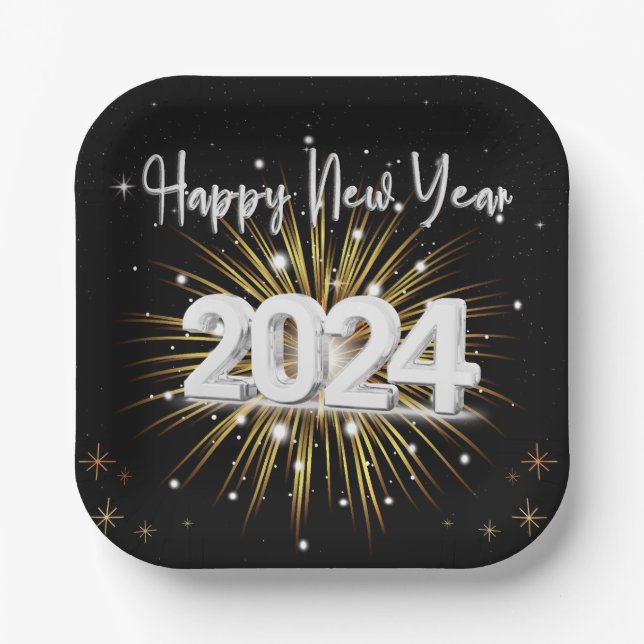 Happy New Year 2024 Dessert Square paper plate (Front)