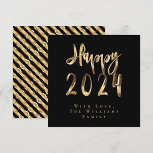 Happy New Year 2024 Elegant Black and Gold Script Holiday Card