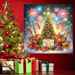 Happy New Year 2024 Firework Christmas Tree Red Holiday Card