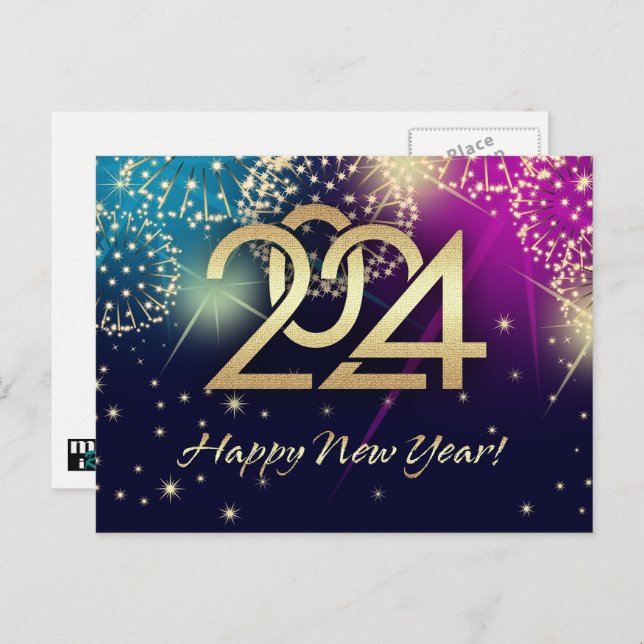 Happy New Year 2024. Fireworks  Holiday Postcard (Front/Back)