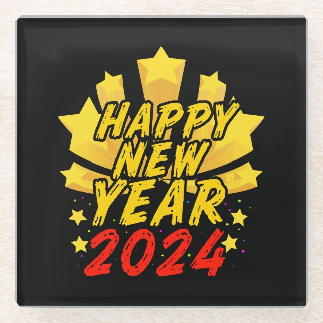 Happy New Year 2024  Glass Coaster (Front)