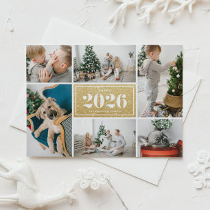 Happy New Year 2024 Gold Glitter Photo Collage Holiday Card