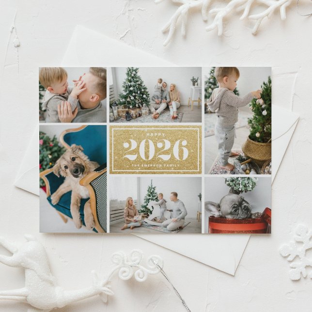 Happy New Year 2024 Gold Glitter Photo Collage Holiday Card (Send 2026 new year cheer with this photo collage Happy New Year Card featuring faux gold glitter. )
