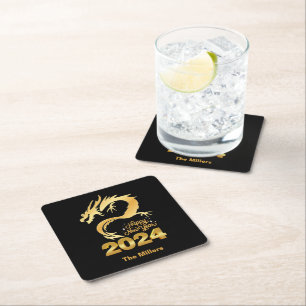 Happy New Year 2024 Golden Chinese Dragon Black Square Paper Coaster