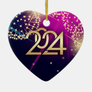 Happy New Year 2024 Heart Shape Ceramic Tree Decoration