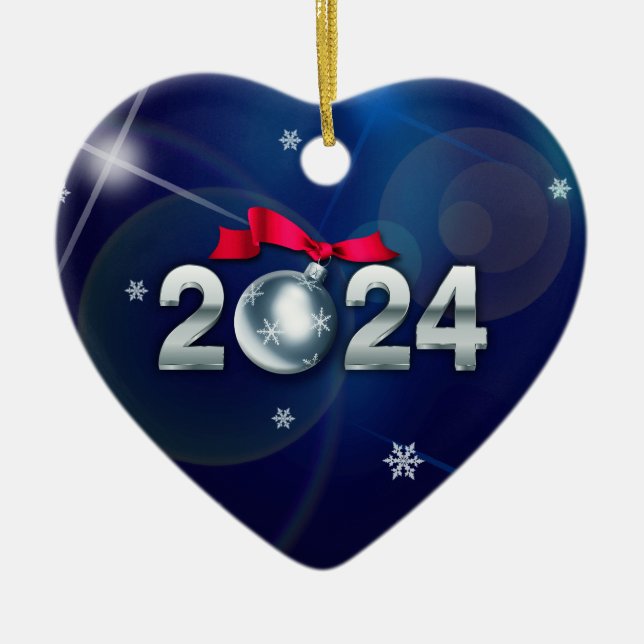 Happy New Year 2024 Heart Shape Custom Ceramic Tree Decoration (Front)