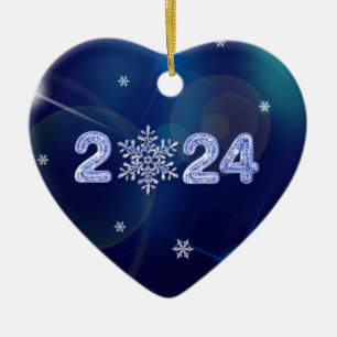 Happy New Year 2024. Ice Numbers and Snowflake Ceramic Tree Decoration