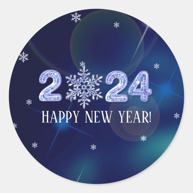 Happy New Year 2024. Ice Numbers & Snowflake  Classic Round Sticker (Front)
