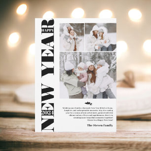 Happy New Year 2024 modern festive 3 photos black Holiday Card
