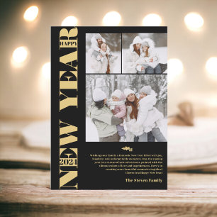 Happy New Year 2024 modern festive 3 photos gold Holiday Card