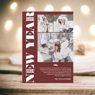 Happy New Year 2024 modern festive 3 photos red Holiday Card