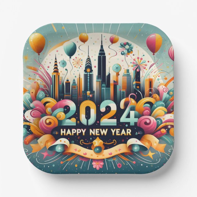 Happy New Year 2024 Paper Plate (Front)