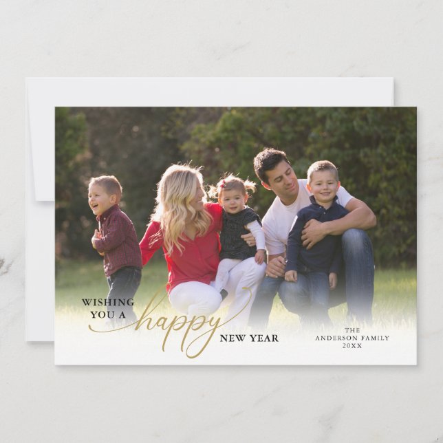 Happy New Year 2024 Photo Gold Script Holiday Card (Front)