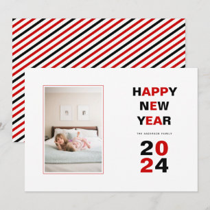 Happy New Year 2024 red, black typography photo Holiday Card