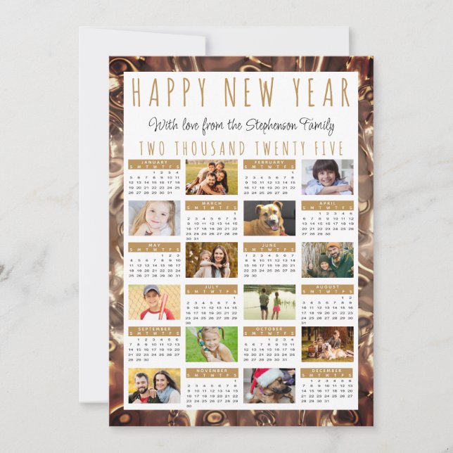Happy New Year 2025 Calendar 12 Photos Gold Holiday Card (Front)