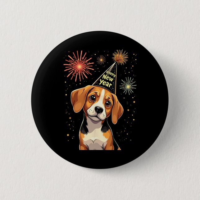 Happy New Year 2025 Eve Firework Dog Funny Beagle  6 Cm Round Badge (Front)