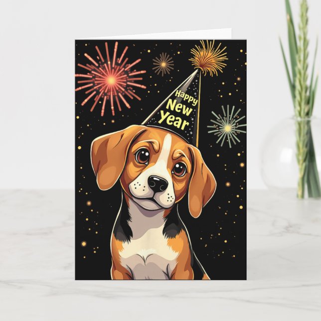 Happy New Year 2025 Eve Firework Dog Funny Beagle  Card (Front)