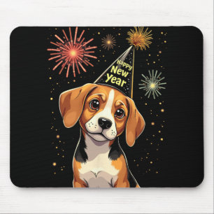 Happy New Year 2025 Eve Firework Dog Funny Beagle  Mouse Pad
