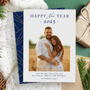 Happy New Year 2025 Navy Blue Gold Geometric Photo Holiday Card