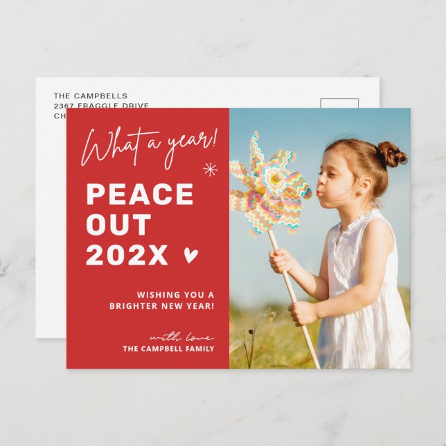 Happy New Year 2025 Peace Out Goodbye 2024 Photo Holiday Postcard (Front/Back)