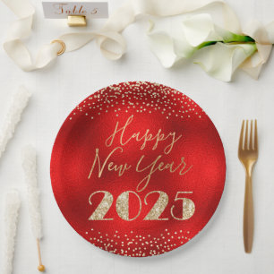 Happy New Year 2025 Red and Gold Glitter Diamonds Paper Plate