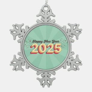 Happy new year 2025 stars cartoon text Gift Tag Snowflake Pewter Christmas Ornament