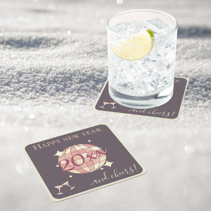 Happy new year 2025 year's eve pink cocktail party square paper coaster