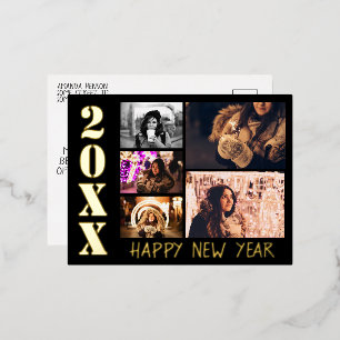 Happy New Year 2026 5 Photo Collage Black Foil Holiday Postcard