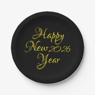 Happy New Year 2026 Black and Yellow Script  Paper Plate