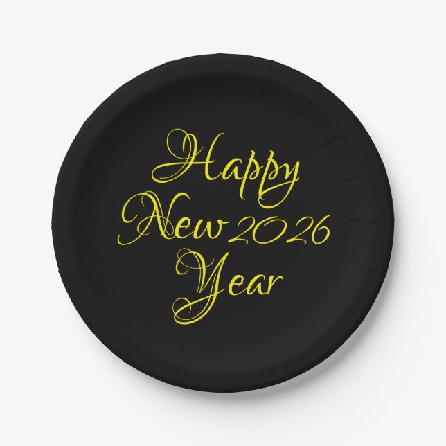 Happy New Year 2026 Black and Yellow Script  Paper Plate (Front)