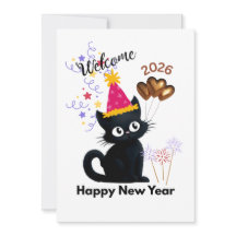 Happy New Year 2026 Black Cat Card