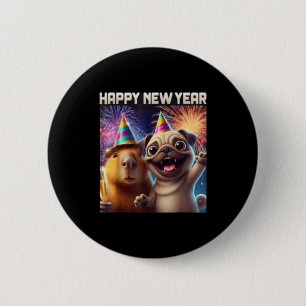 Happy New Year 2026 Capybara Pug Party Art  6 Cm Round Badge