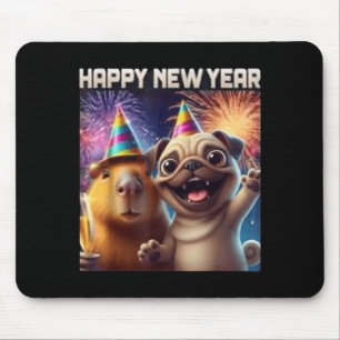 Happy New Year 2026 Capybara Pug Party Art  Mouse Pad