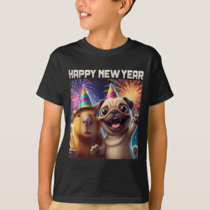 Happy New Year 2026 Capybara Pug Party Art  T-Shirt