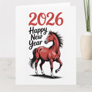 Happy New Year 2026 Card Red Horse Illustration