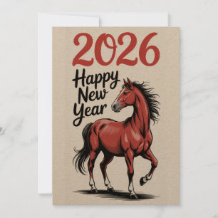 Happy New Year 2026 Card Red Horse Illustration