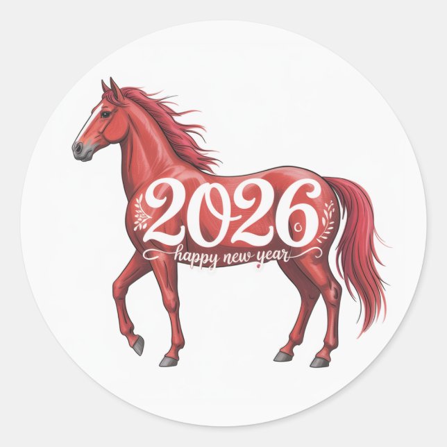 Happy New Year 2026 Card Red Horse Illustration Classic Round Sticker (Front)